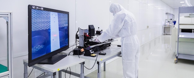 Free photo a factory worker in a white lab suit latex gloves and face mask working with some modern equipment during the manufacturing of a tv set