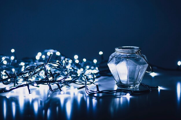 Fairy lights near jar