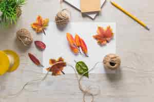 Free photo fake autumn leaves with string spool on wooden textured background