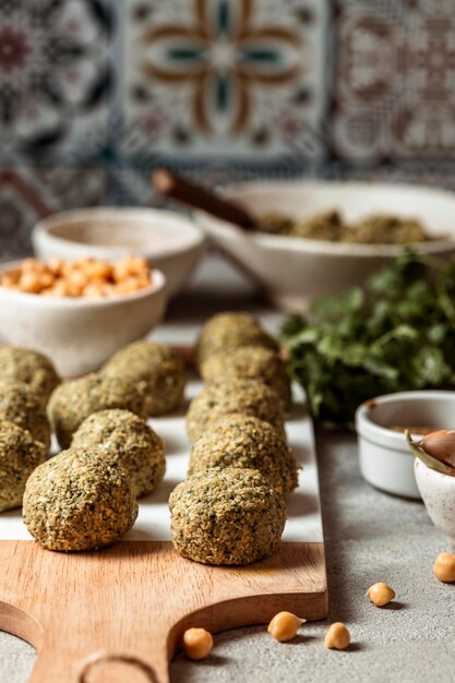 Falafel and chickpeas arrangement high angle