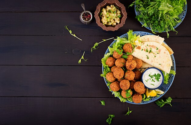 Фалафель, хумус и пита. Ближневосточные или арабские блюда. Халяльная еда. Вид сверху. Копировать пространство