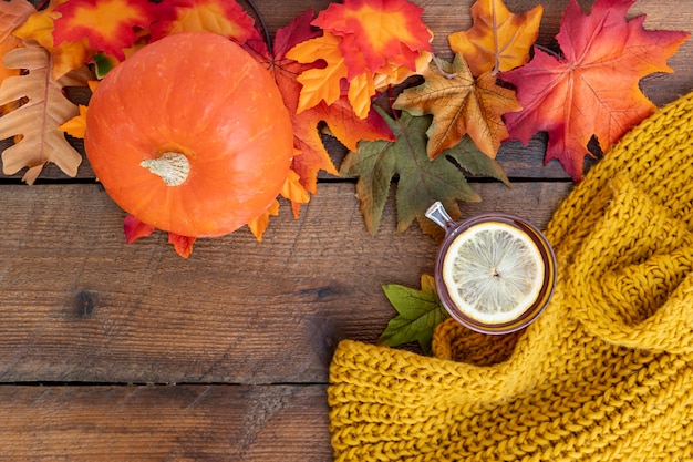 Fall season arrangement on wooden table