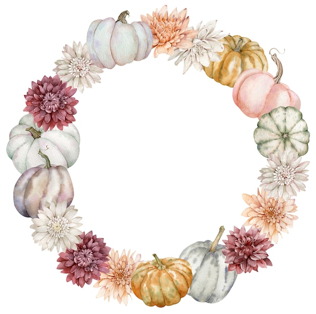 Осенний венок с красочными тыквами и осенними цветами. шаблон акварель благодарения украшен астрами.