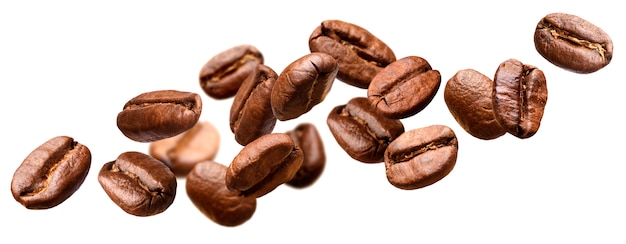 Falling coffee beans isolated