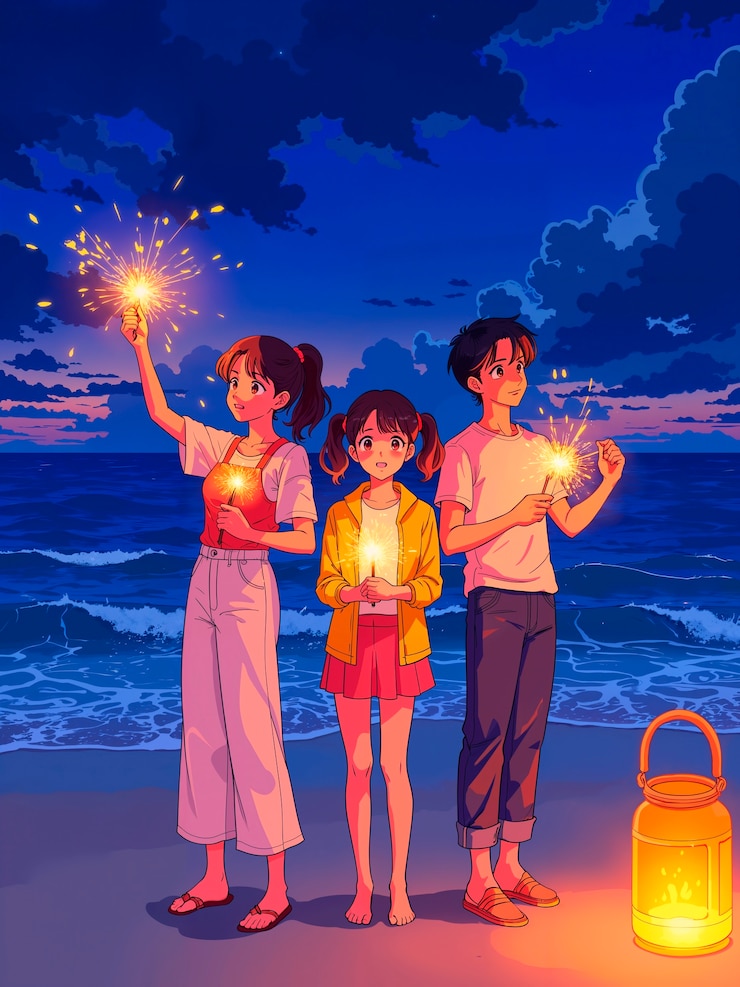 無料Photo ビーチで花火で祝う家族