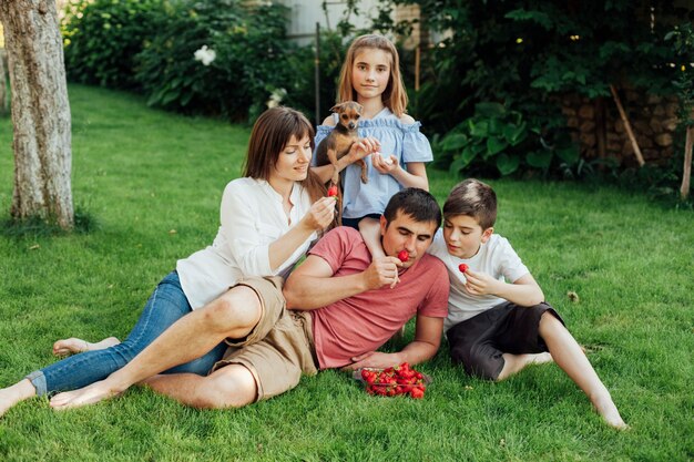 Семья ест свежую красную клубнику на траве в парке