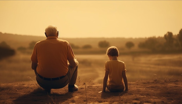 Family embraces in tranquil rural sunset scene generated by AI