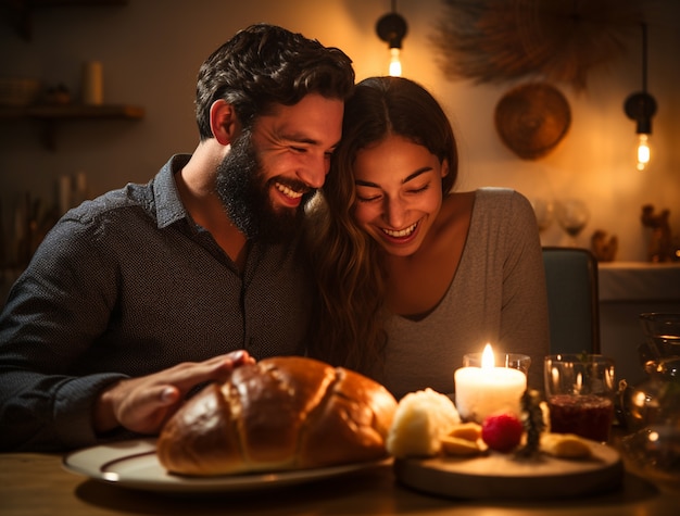 Foto gratuita famiglia che si gode il piatto di challah per hanukkah