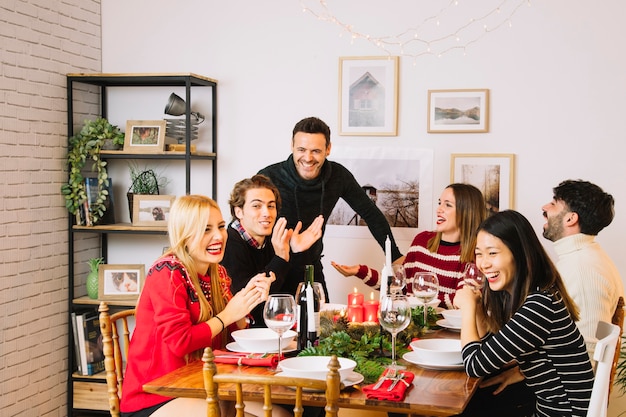 Family having christmas dinner at table