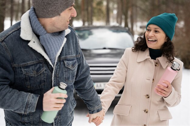 Family having fun during winter roadtrip