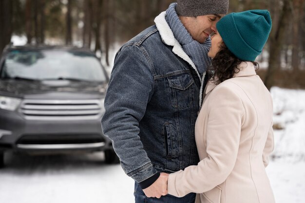 Family having fun during winter roadtrip