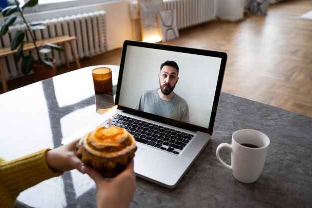 Family members talking over video call