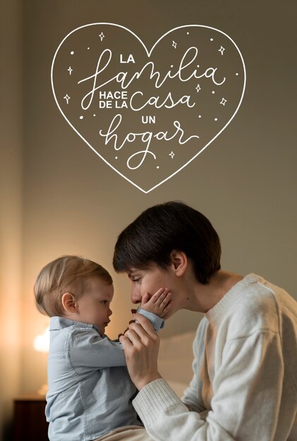 Family of parent and child with spanish words