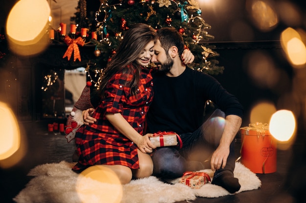 Family portrait. Charming couple of pregnant woman in checked shirt and handsome man pose in a cozy 