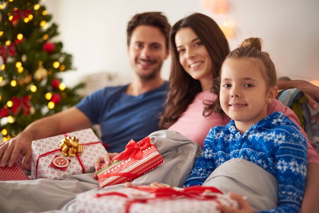 Family portrait in Christmas morning