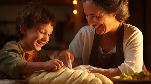 Free photo family preparing challah dish for hanukkah