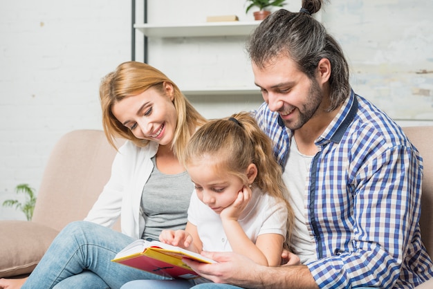 Family reading on the sofa