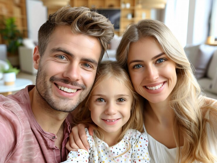 Free Photo family showcasing their home
