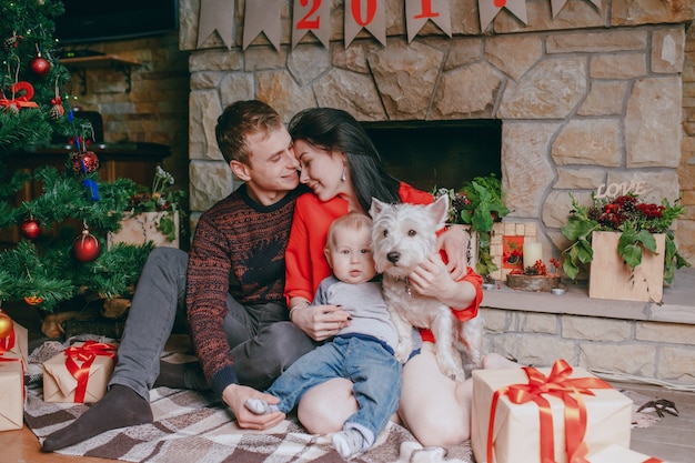 自分の赤ちゃんと暖炉とその犬とクリスマスツリーの前に座っている家族