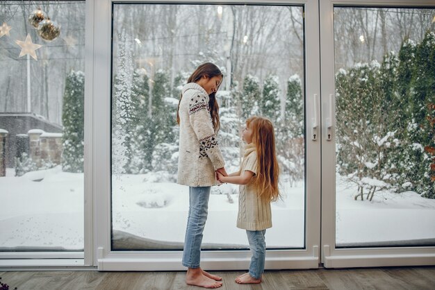 Family spending time at home in a christmas decorations