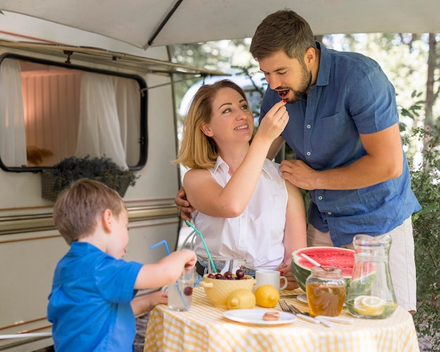 Family spending time together eating