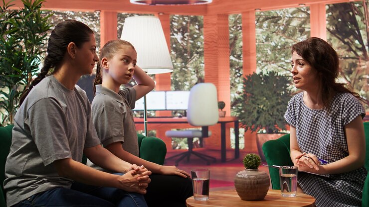 Free Photo family therapist offers support and counseling to a troubled teen and her mother
