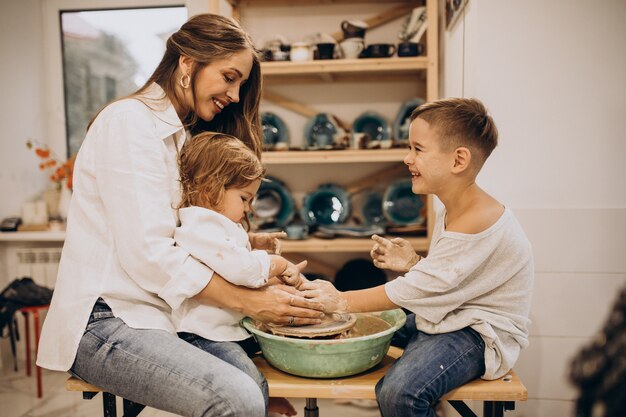 Family together manufacturing at a pottery class