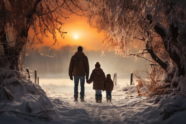 Family traveling in extreme weather snow