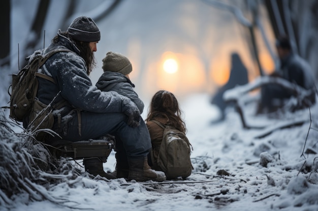 無料写真 異常気象の雪の中を旅行する家族