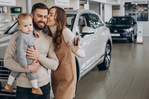 family with bbay girl choosing a car in a car saloon