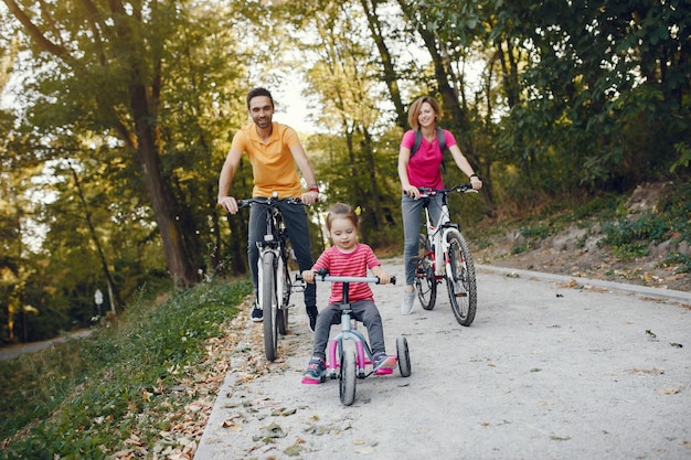 Famiglia con una bicicletta in un parco estivo