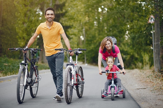 Family with a bicycle in a summer park