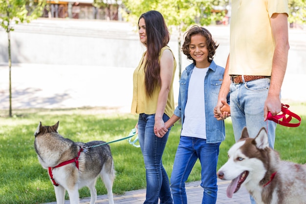 Family with boy and dog at the park together