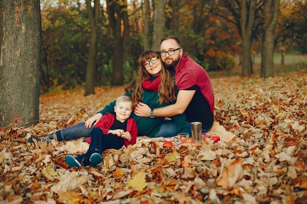 Family with little son in a autumn park