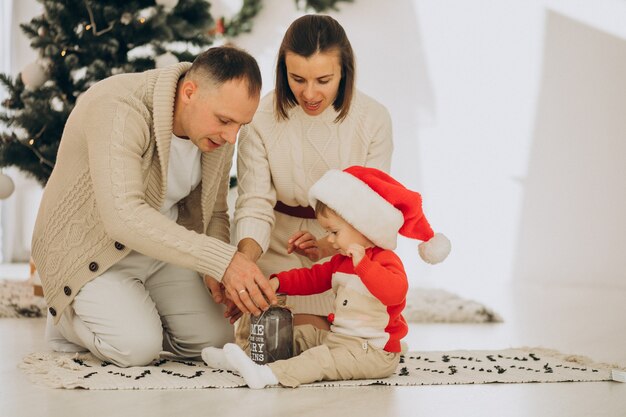 自宅のクリスマスツリーのそばに幼い息子と家族