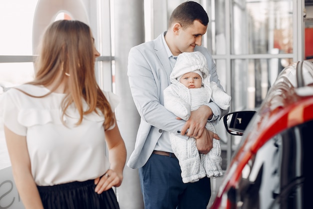 Family with little son in a car salon