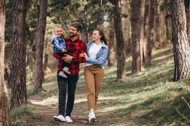 Family with little son together in the forest