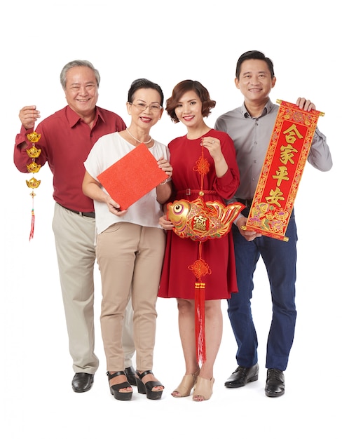 Family with traditional decorations