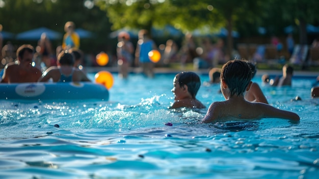 Foto gratuita una festa in piscina per famiglie con spuntini e giochi e genitori che si uniscono alle attività acquatiche con il