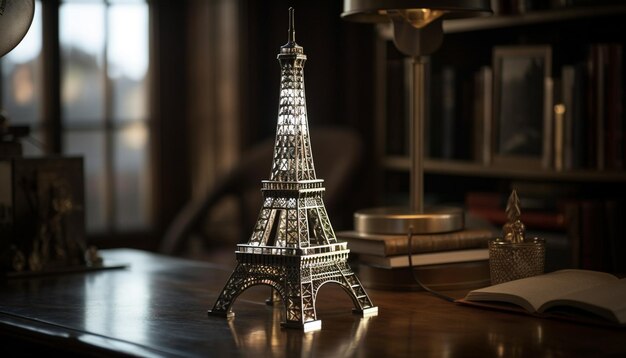 Знаменитые французские сувениры на декоре деревянного стола, сгенерированные ИИ