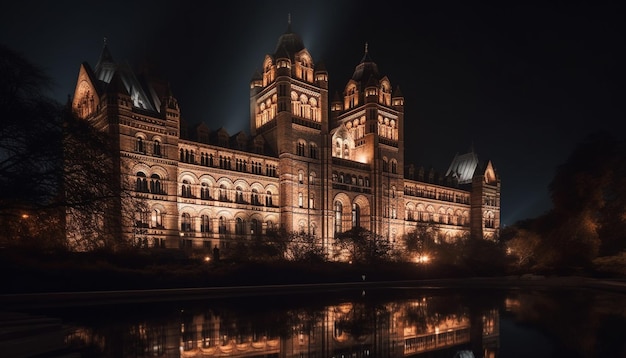 Free photo famous gothic monument illuminated at dusk reflects in water below generated by ai