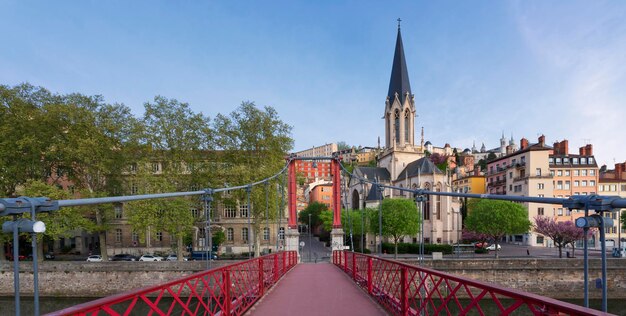 Famous view of red footbridge in Lyon