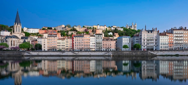 Famous view Saone river in the morning Lyon