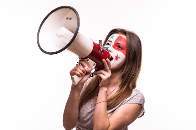 Free photo fan support of panama national team with painted face shout with loudspeaker isolated on white background