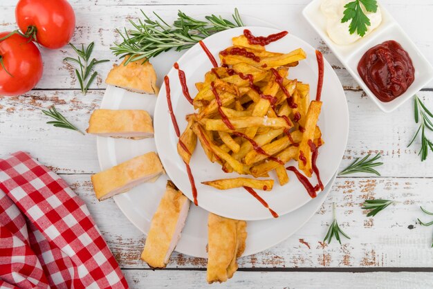 Fancy dish with french fries and ketchup