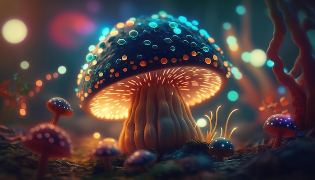 Fantastic wonderland forest landscape with mushrooms and flowers ai generative