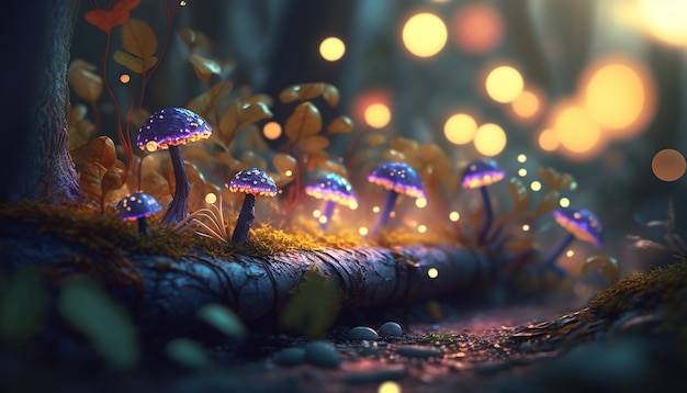 Fantastic wonderland forest landscape with mushrooms and flowers ai generative