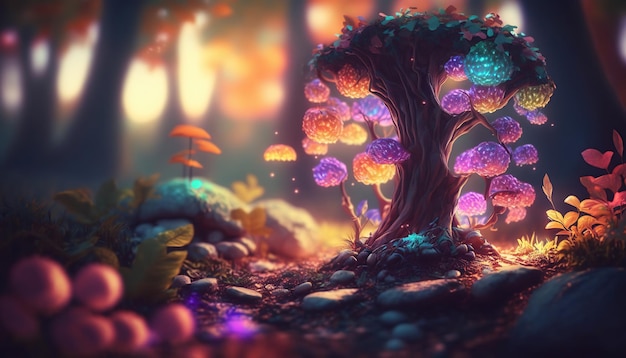 Fantastic wonderland forest landscape with mushrooms and flowers ai generative
