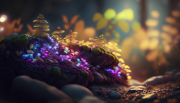 Fantastic wonderland forest landscape with mushrooms and flowers ai generative