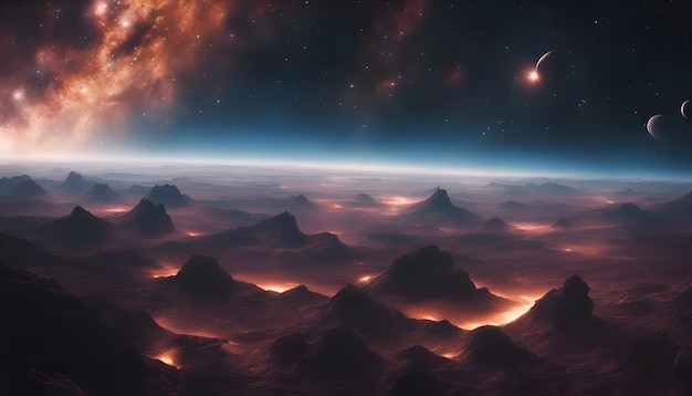 Бесплатное фото Фантастическая инопланетная планета горный хребет 3d иллюстрация